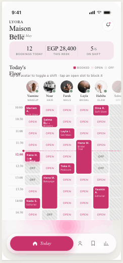LYORA app — salon dashboard, today's chair schedule
