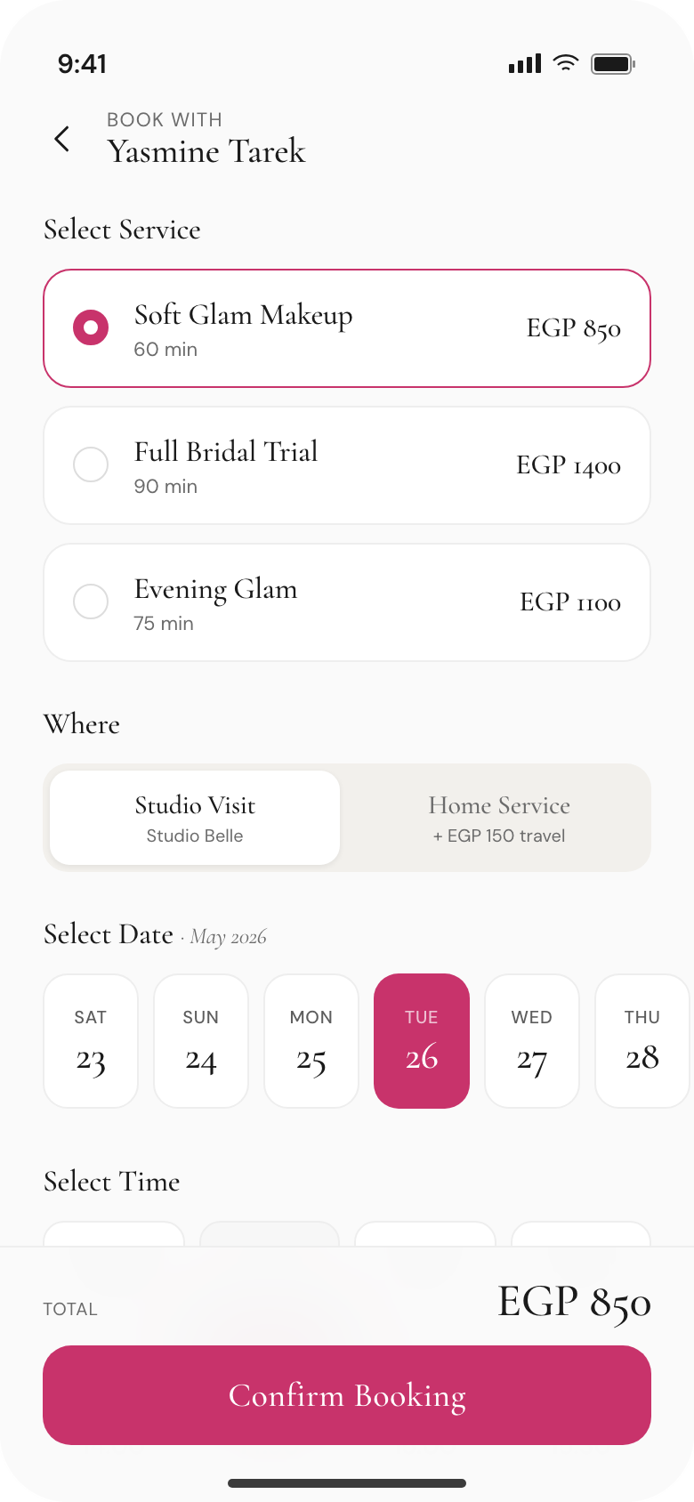 LYORA app — booking flow